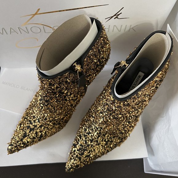 NEW Manolo Blahnik Size 35.5 EU Pluta Golden Speck Metallic-Stiletto Booties - Picture 13 of 16